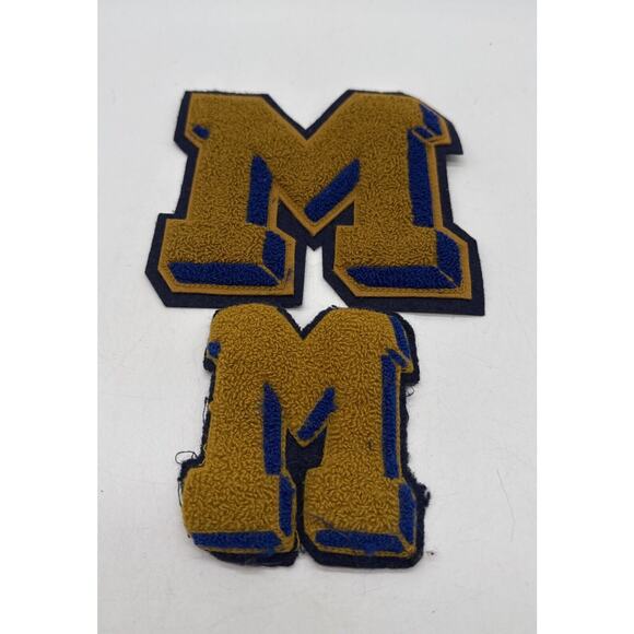 2 Vtg Chenille Varsity College Letterman M Patch Gold And Blue 5.75”” And 4” - Picture 1 of 6